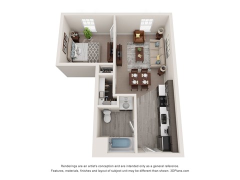 Floor plan for 1 bed, 1 bath, 566 sqft